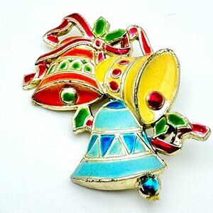 Vintage Enamel Christmas Bells Brooch Pin Plastic